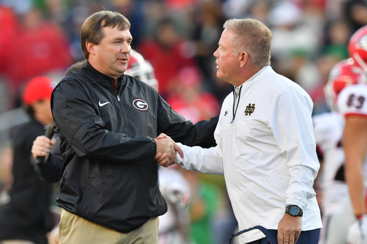 Coach Smart & Coach Kelly prior to UGA's 17-16 win @ Notre Dame in 2017