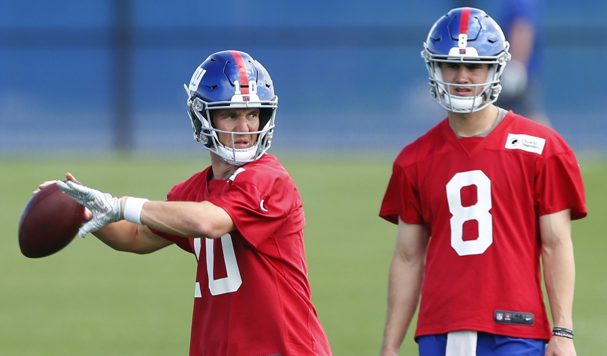 May 20, 2019; East Rutherford, NJ, USA; New York Giants rookie quarterback Daniel Jones (8) watches Eli Manning (10) during organized team activities at Quest Diagnostic Training Center.