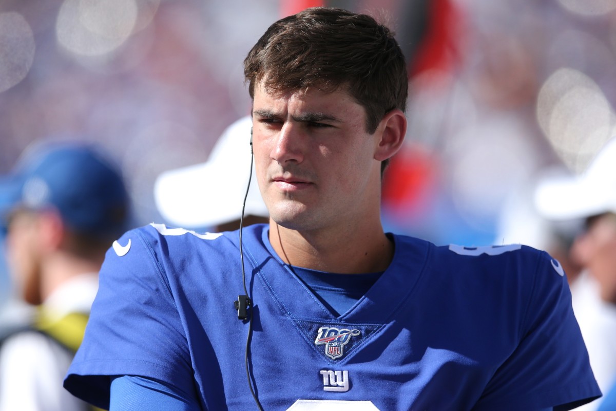 Sep 15, 2019; East Rutherford, NJ, USA; New York Giants quarterback Daniel Jones (8) reacts on the sidelines during the third quarter against the Buffalo Bills at MetLife Stadium.
