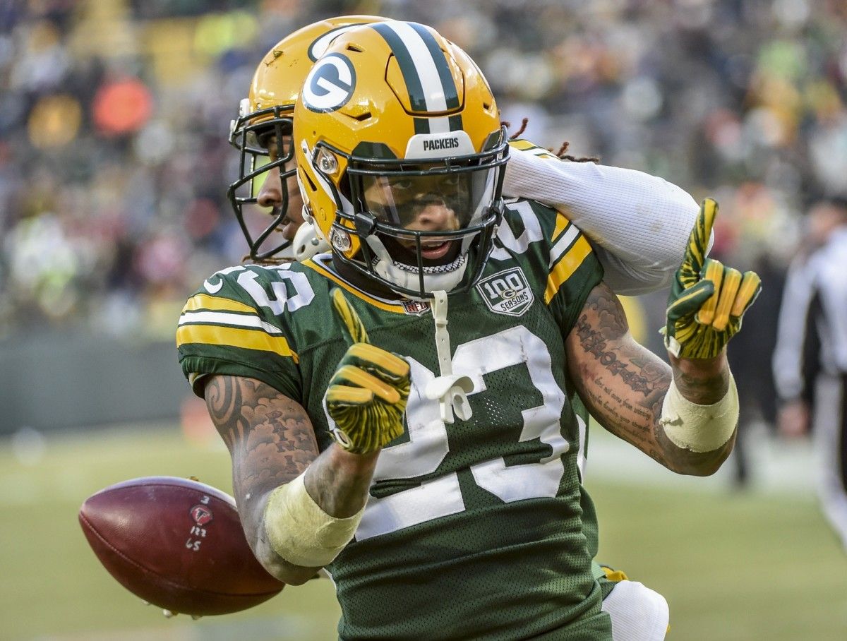 Green Bay Packers cornerback Jaire Alexander (23) reacts after a play in the fourth quarter during the game against the Atlanta Falcons at Lambeau Field.