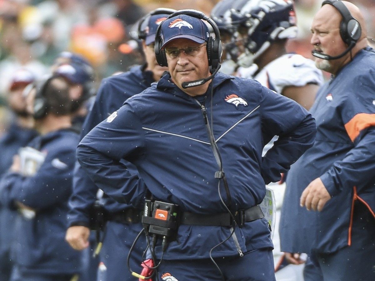 Denver Broncos head coach Vic Fangio looks on from the sidelines in the second quarter during the game against the Green Bay Packers at Lambeau Field.