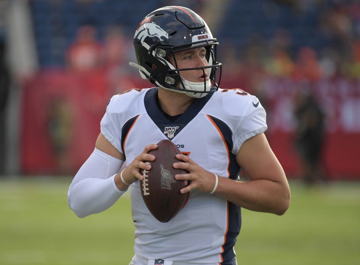 Denver Broncos quarterback Drew Lock (3) throws the ball against the Atlanta Falcons during the Pro Football Hall of Fame Game at Tom Benson Hall of Fame Stadium. The Broncos defeated the Falcons 14-10.