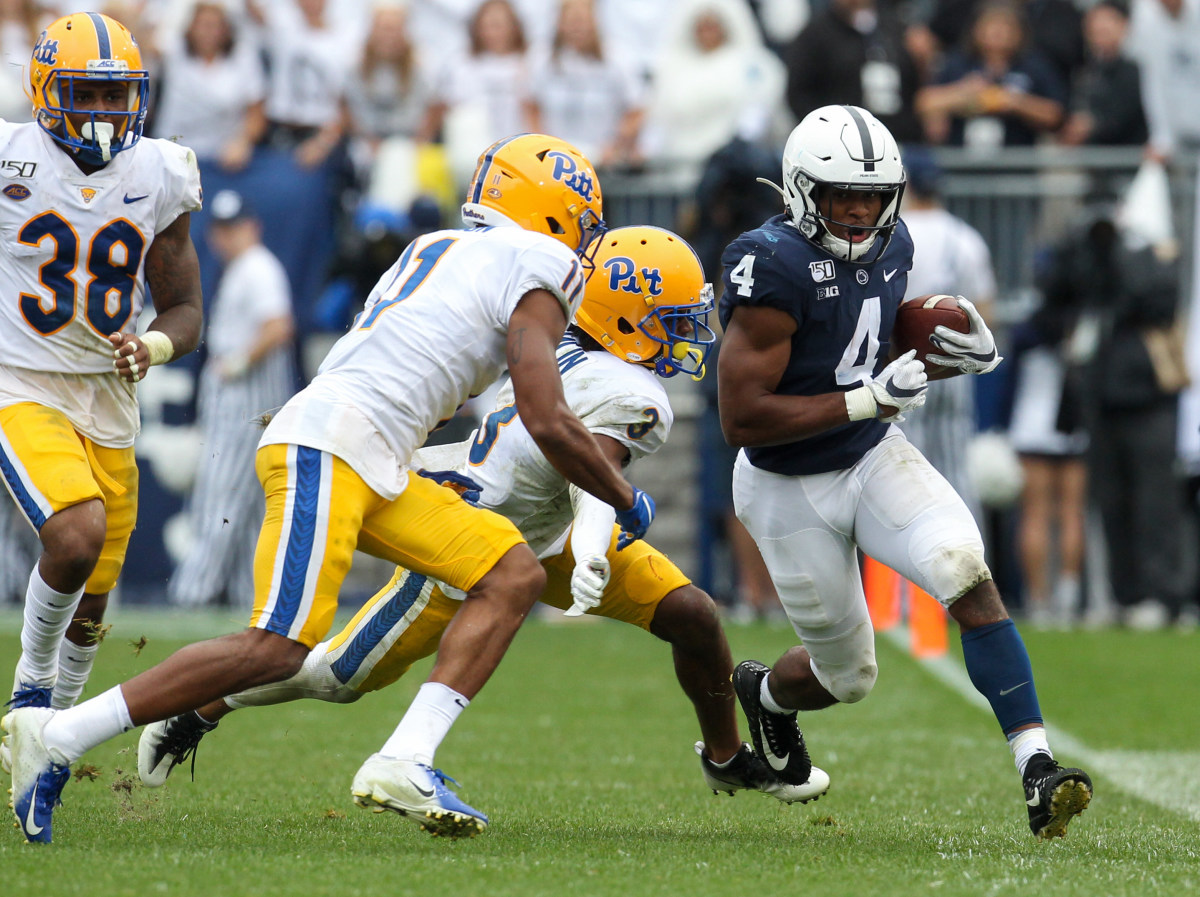 Sep 14, 2019; University Park, PA, USA; Penn State Nittany Lions running back Journey Brown (4) runs the ball against the Pittsburgh Panthers during the third quarter at Beaver Stadium. Credit: Matthew O'Haren-USA TODAY Sports