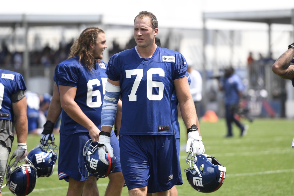 Aug 7, 2018; East Rutherford, NJ, USA; New York Giants tackle Nate Solder (76) during training camp.