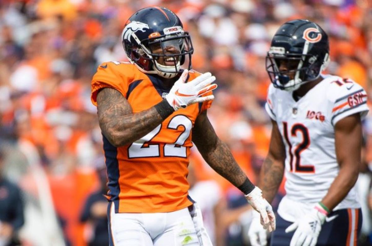 Kareem Jackson #22 of the Denver Broncos celebrates a third down stop against the Chicago Bears during the first quarter at Empower Field at Mile High on September 15, 2019 in Denver, Colorado.