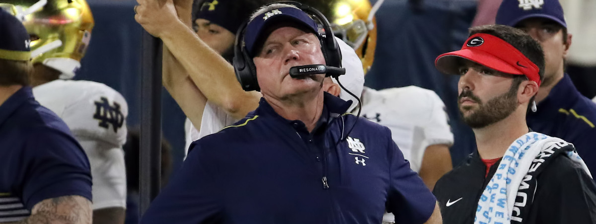 Brian Kelly looks on as Notre Dame loses a close road game to No. 3 Georgia.