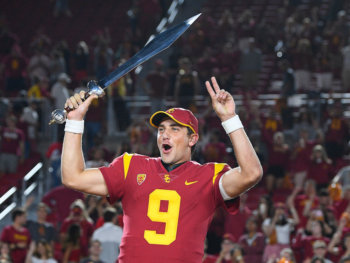 Backup QB Kedon Slovis celebrates USC's win over Stanford.
