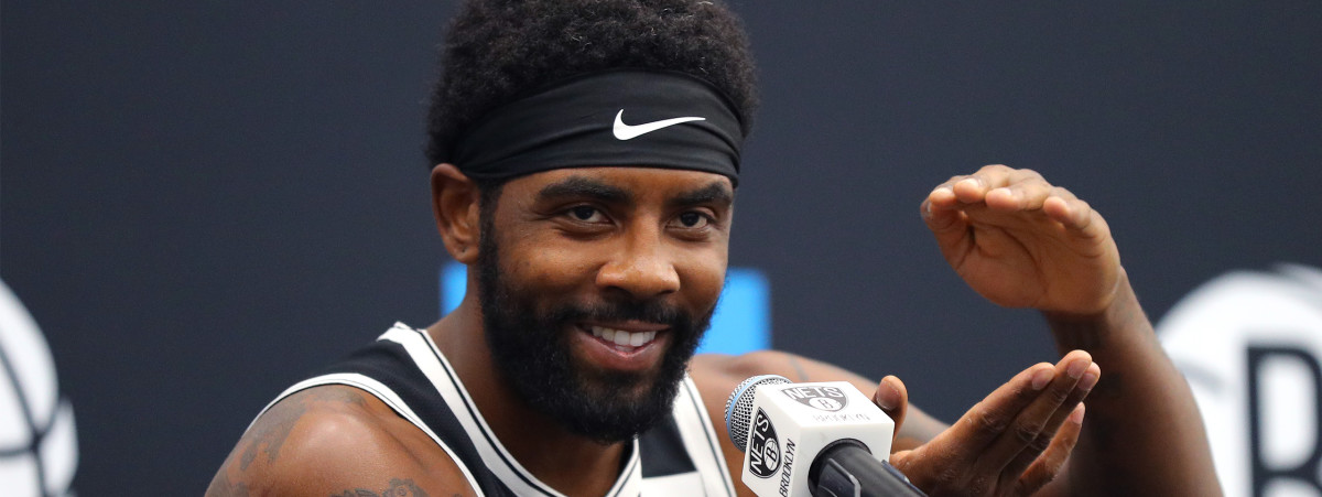 Kyrie Irving speaks at Nets media day.