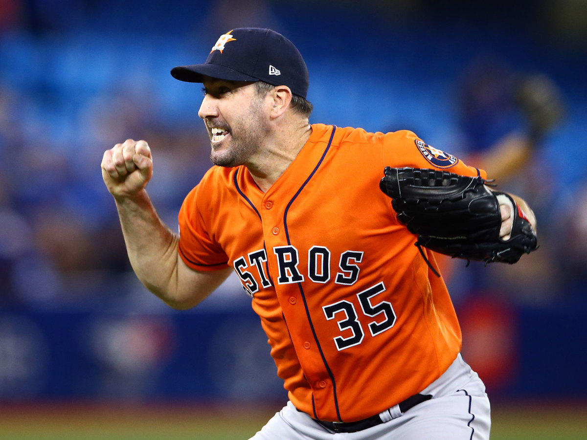 Justin Verlander reacts after completing the third no-hitter of his career on Sept. 1, 2019 against the Toronto Blue Jays at the Rogers Center in Toronto, Canada. (Vaughn Ridley/Getty Images)