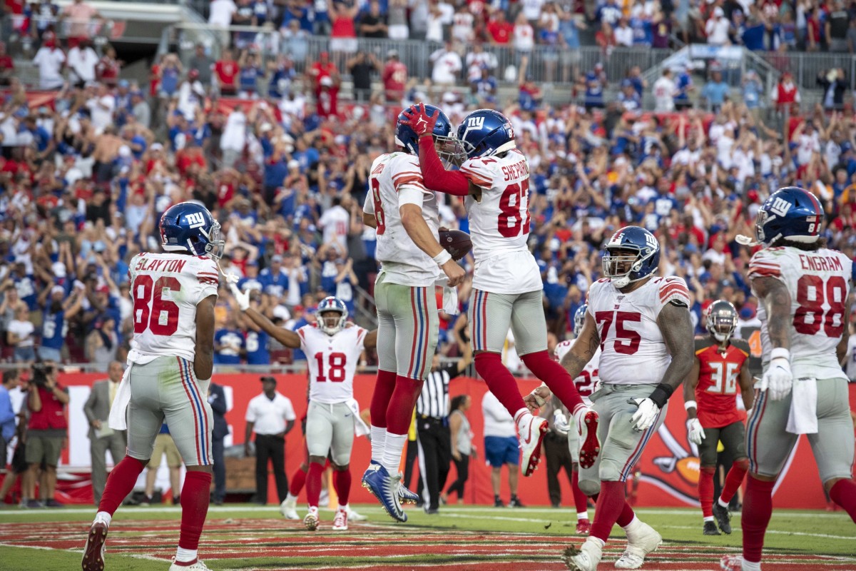 Sep 22, 2019; Tampa, FL, USA; New York Giants quarterback Daniel Jones (8) celebrates with wide receiver Sterling Shepard (87) after scoring a touchdown against the Tampa Bay Buccaneers during the fourth quarter at Raymond James Stadium.