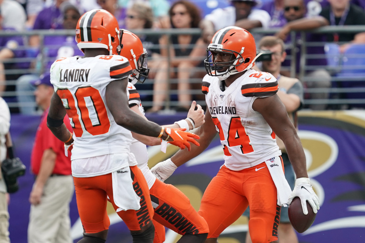 Sep 29, 2019; Baltimore, MD, USA; Cleveland Browns running back Nick Chubb (24) celebrates after a touchdown against the Baltimore Ravens at M&T Bank Stadium. Mandatory Credit: Mitch Stringer-USA TODAY Sports