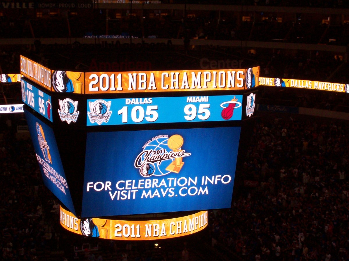 The big screen inside the American Airlines Center after the Dallas Mavericks won Game 6 of the 2011 NBA Finals. (Photo by Matthew Postins)