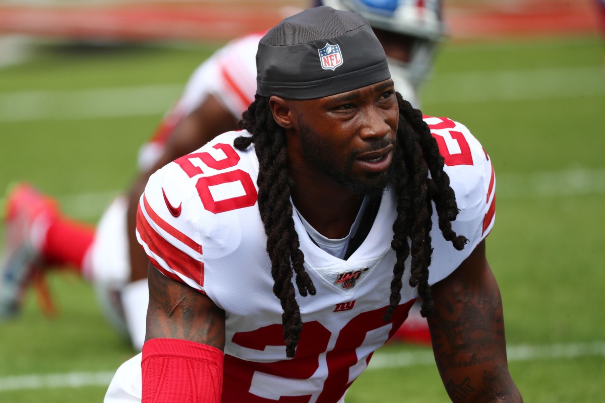 Sep 22, 2019; Tampa, FL, USA; New York Giants cornerback Janoris Jenkins (20) works out before a game against the Tampa Bay Buccaneers at Raymond James Stadium.