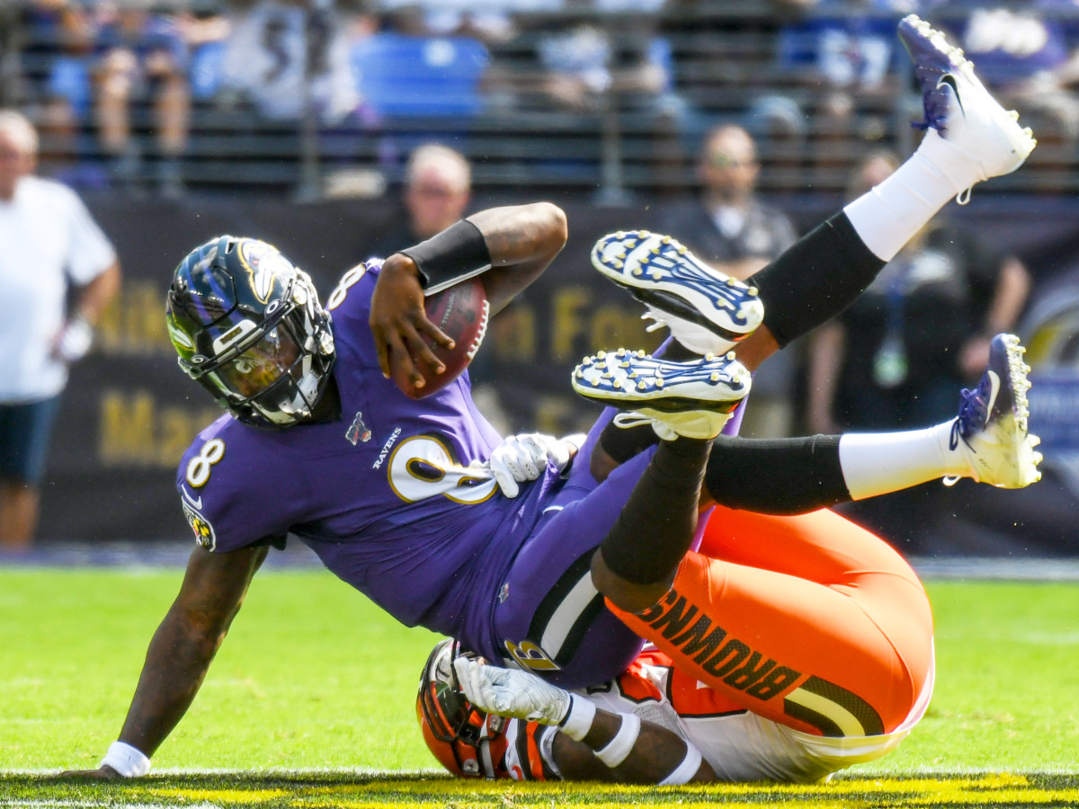 BALTIMORE, MD - SEPTEMBER 29: Cleveland Browns strong safety Damarious Randall (23) sacks Baltimore Ravens quarterback Lamar Jackson (8) in the first quarter on September 29, 2019, at M&T Bank Stadium in Baltimore, MD. (Photo by Mark Goldman/Icon Sportswire via Getty Images)