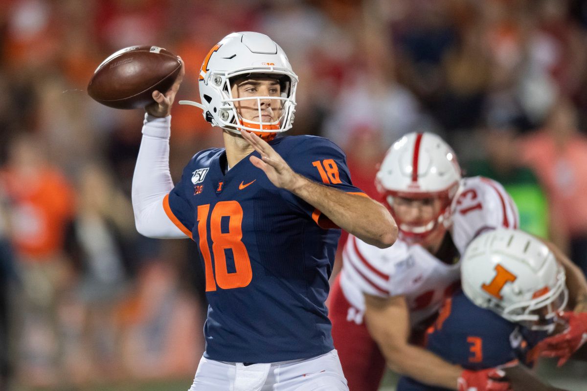 Illinois Fighting Illini quarterback Brandon Peters (18) looks to pass during the first half against the Nebraska Cornhuskers at Memorial Stadium on Sept. 21. Illinois lost to Nebraska 42-38 while Peters finished 9 of 22 for 78 yards with a touchdown and a interception.
