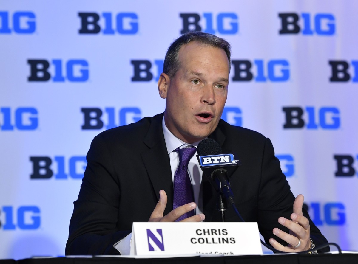 Northwestern Wildcats head coach Chris Collins addresses the media during the Big Ten conference NCAA college basketball media day at Hilton Rosemont. Mandatory Credit: Quinn Harris-USA TODAY Sport