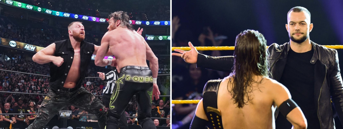 Split image of Jon Moxley and Kenny Omega in AEW and Finn Balor and Adam Cole in NXT
