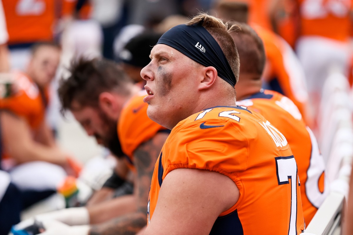 Denver Broncos offensive tackle Garett Bolles (72) on the bench in the third quarter against the Denver Broncos at Empower Field at Mile High.