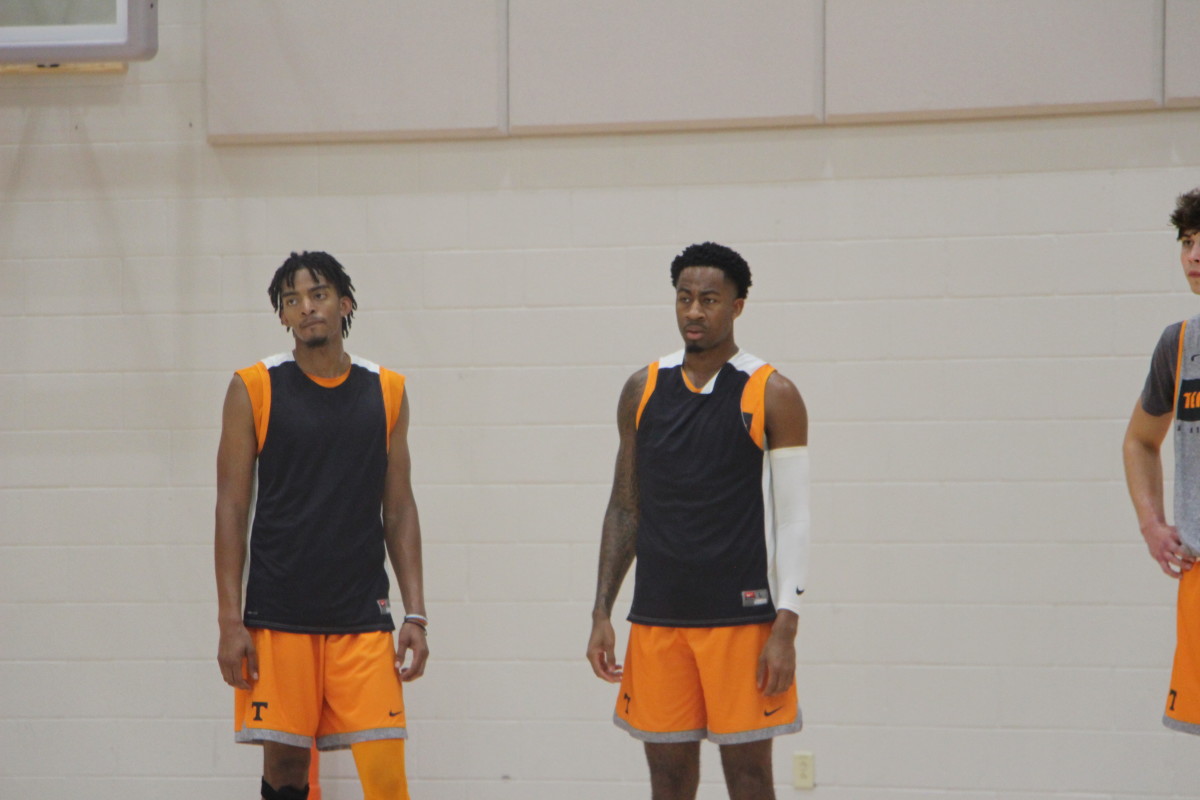 Tennessee guards Jordan Bowden (right) and Jalen Johnson (left) look on during the Vols' preseason practice session at Pratt Pavilion on Oct. 3, 2019.