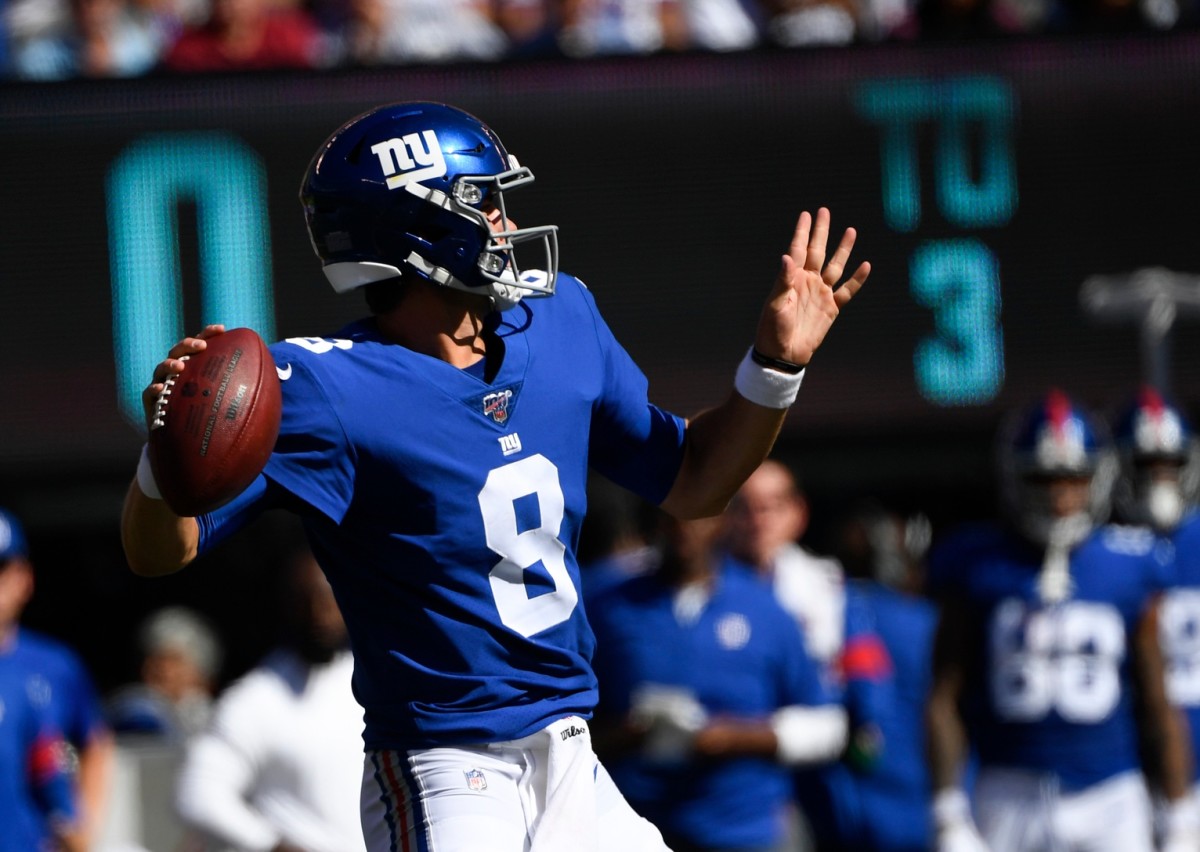 Sep 29, 2019; East Rutherford, NJ, USA; New York Giants quarterback Daniel Jones (8) throws the ball in the first half against the Washington Redskins at MetLife Stadium.
