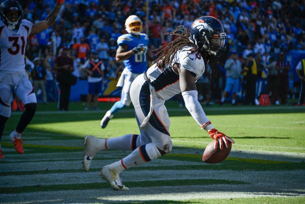 Denver Broncos linebacker A.J. Johnson (45) after intercepting a Los Angeles Chargers quarterback Philip Rivers (not pictured) pass in the end zone during the 3rd quarter at Dignity Health Sports Park.