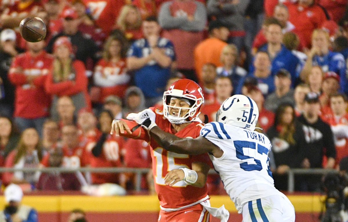 Colts defensive end Kemoko Turay pressures Chiefs quarterback Patrick Mahomes into an incomplete pass in Sunday night's 19-13 Colts win at Kansas City.