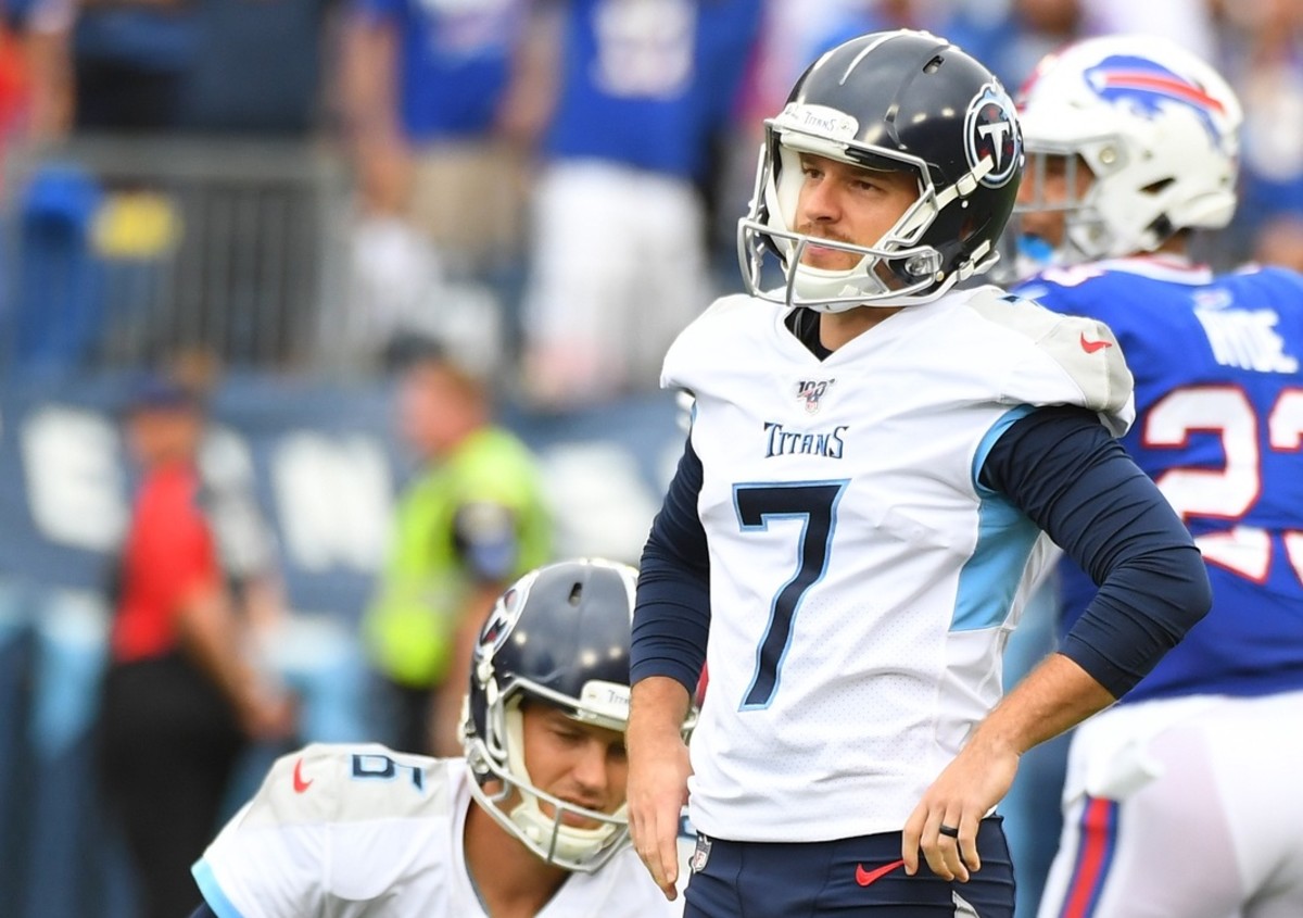 Tennessee Titans kicker Cairo Santos (7) reacts after missing his fourth field goal of the game during the second half against the Buffalo Bills at Nissan Stadium.