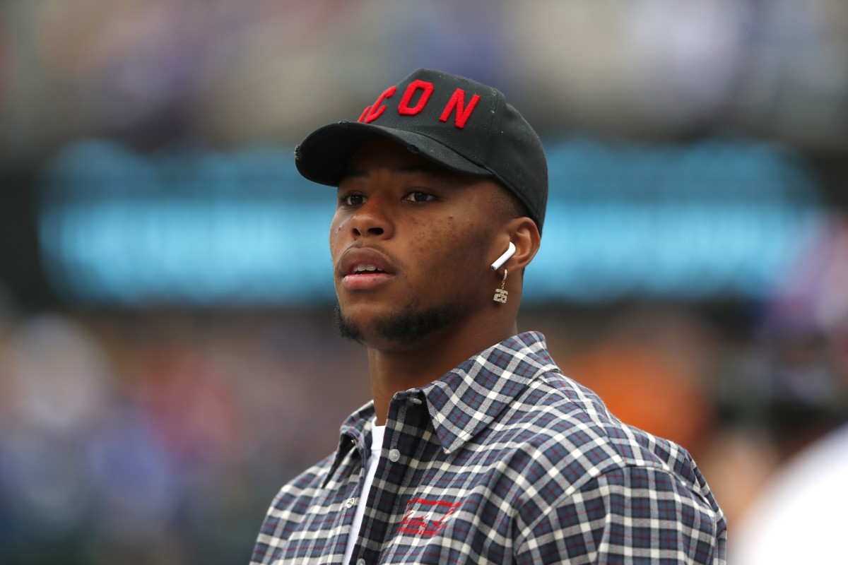 Oct 6, 2019; East Rutherford, NJ, USA; New York Giants running back Saquon Barkley on the sidelines during warm up before the game against the Minnesota Vikings at MetLife Stadium.