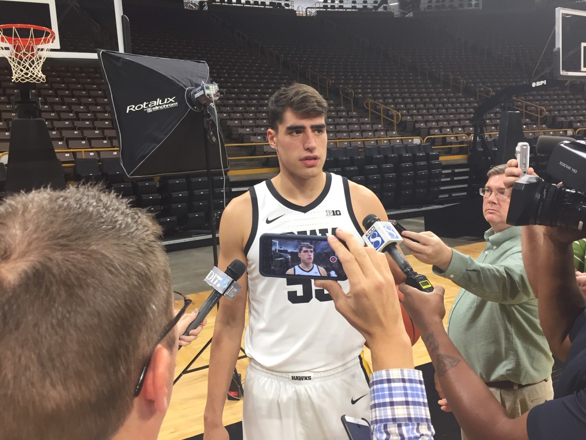 Iowa's Luka Garza answers a question during the Hawkeyes' media day on Wednesday at Carver-Hawkeye Arena.
