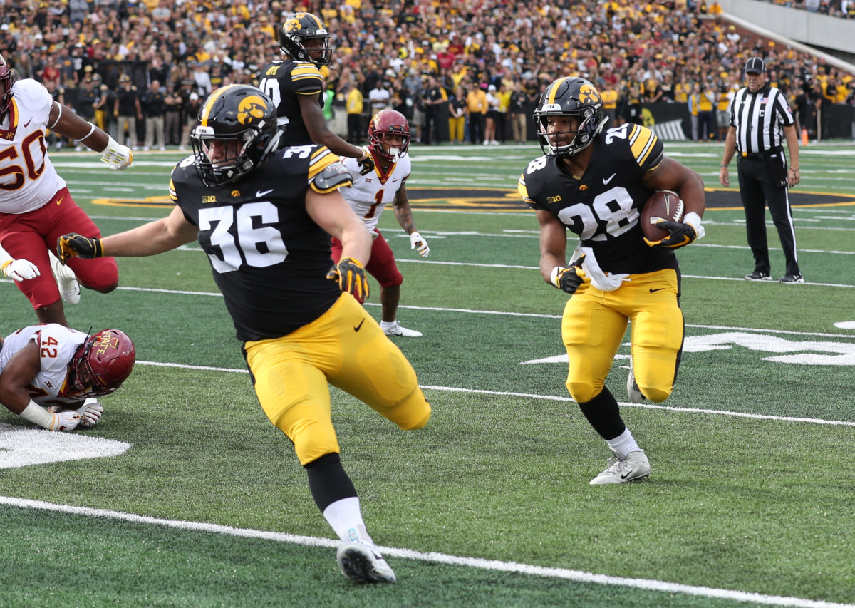 Iowa fullback Brady Ross (36) leads the way for running back Toren Young in last season's game against Iowa State.