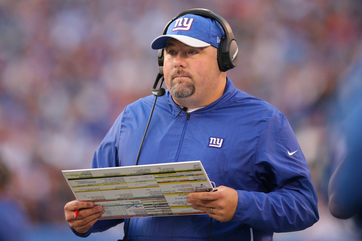 Sep 30, 2018; East Rutherford, NJ, USA; New York Giants defensive coordinator James Bettcher coaches against the New Orleans Saints during the third quarter at MetLife Stadium.