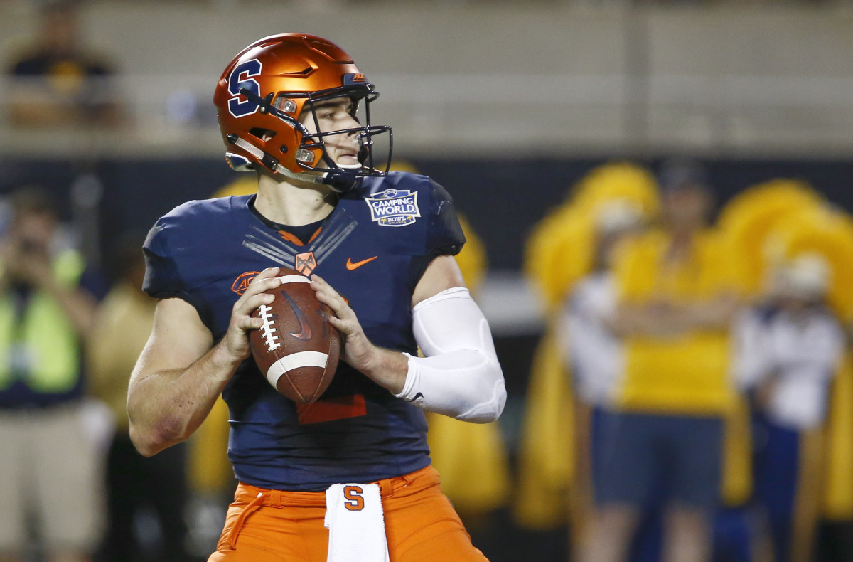 Dec 28, 2018; Orlando, FL, USA; Syracuse Orange quarterback Eric Dungey (2) drops back to pass against the West Virginia Mountaineers during the second quarter in the 2018 Camping World Bowl at Camping World Stadium. Mandatory Credit: Reinhold Matay-USA TODAY Sports