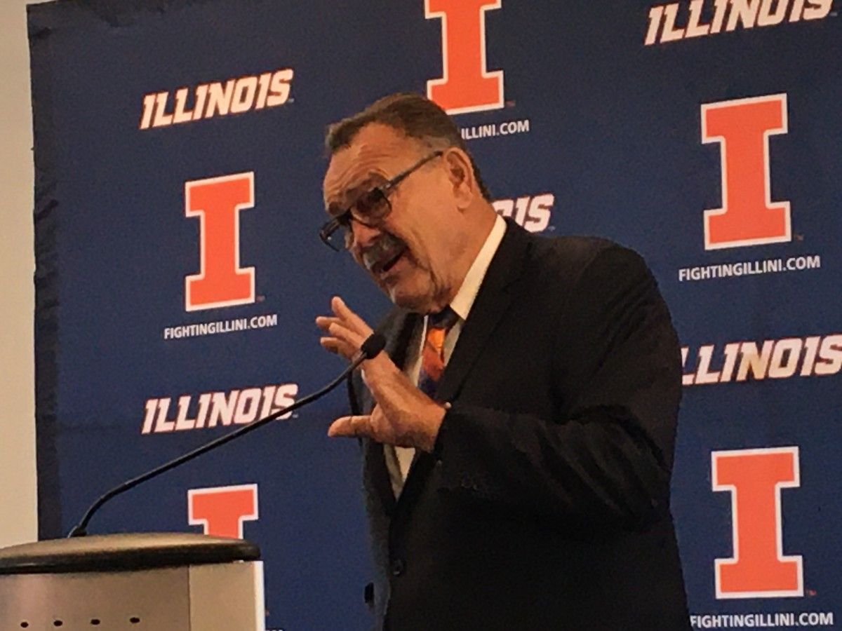 Dick Butkus speaking to the media before his statue unveiling on Oct. 11. Illini Maven photo