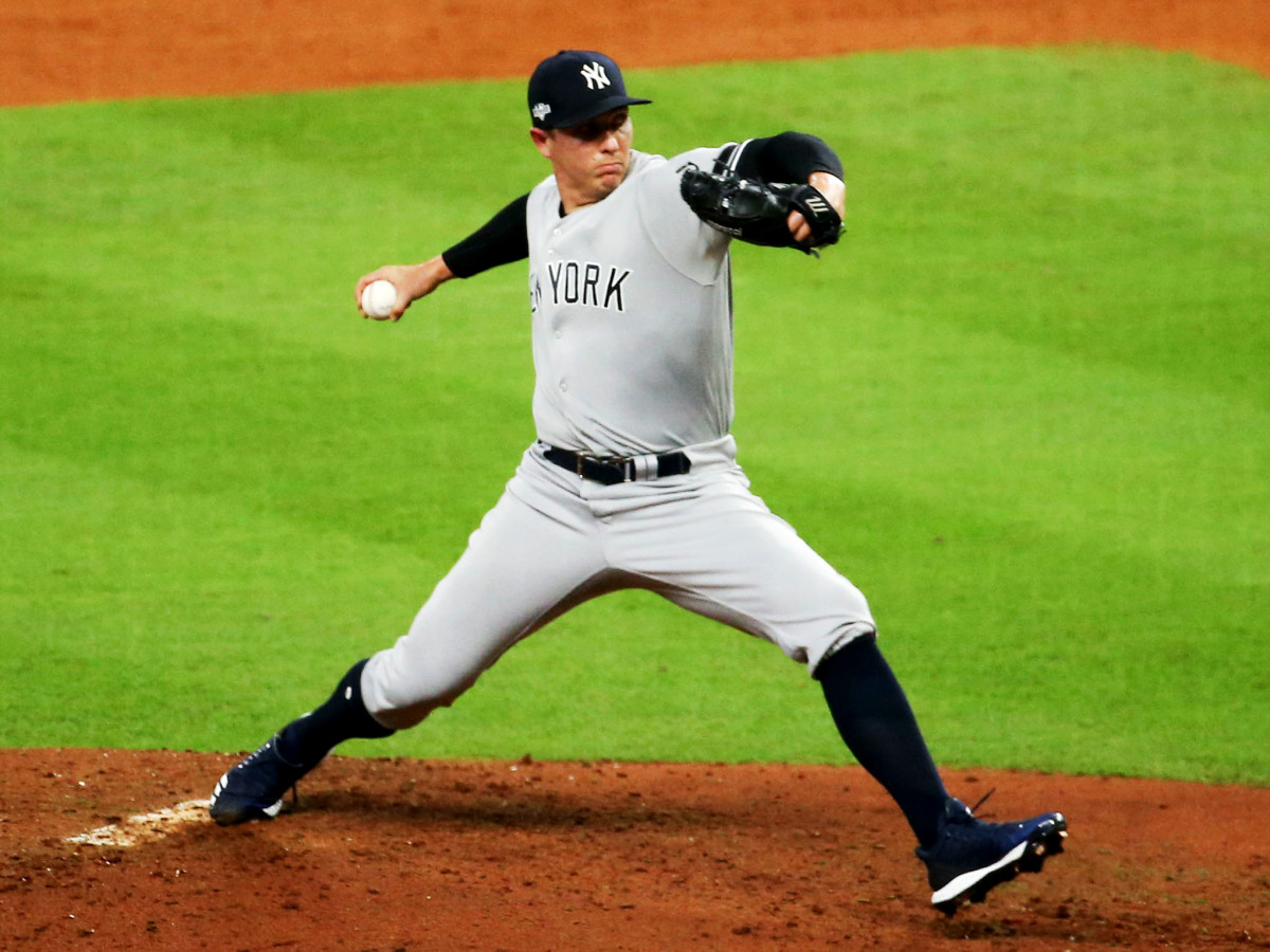 Oct 13, 2019; Houston, TX, USA; New York Yankees relief pitcher Chad Green (57) pitches in the third inning in game two of the 2019 ALCS playoff baseball series against the Houston Astros at Minute Maid Park. Mandatory Credit: Troy Taormina-USA TODAY Sports