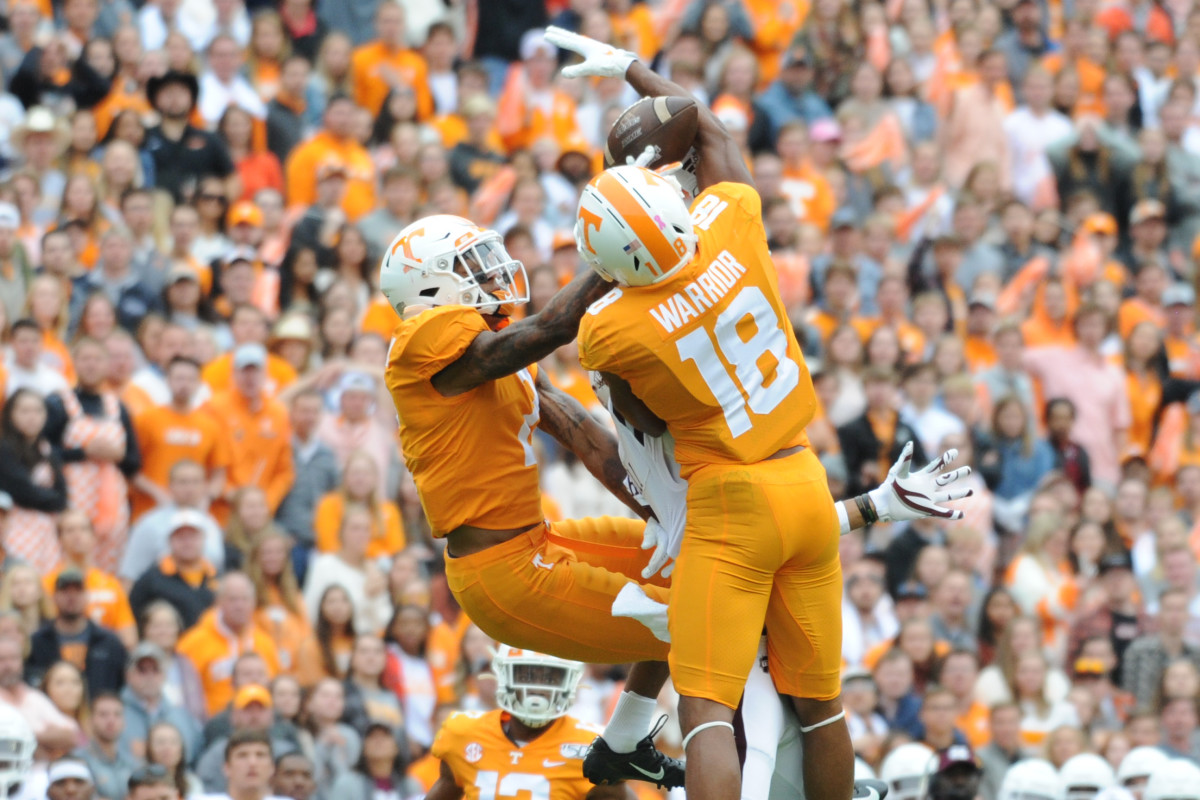 Oct 12, 2019; Knoxville, TN, USA; Tennessee Volunteers defensive back Alontae Taylor (2) and defensive back Nigel Warrior (18) break up a pass intended for Mississippi State Bulldogs defensive end Chauncey Rivers (5) during the second half at Neyland Stadium. Tennessee won 20 to 10. Mandatory Credit: Randy Sartin-USA TODAY Sports