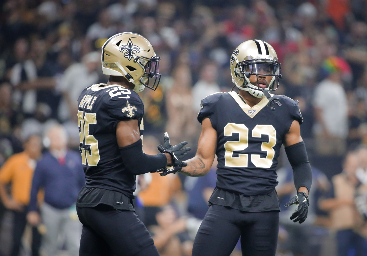 Sep 9, 2019; New Orleans, LA, USA; New Orleans Saints cornerback Marshon Lattimore (23) and cornerback Eli Apple (25) during the first quarter against the Houston Texans at the Mercedes-Benz Superdome. Mandatory Credit: Derick E. Hingle-USA TODAY Sports