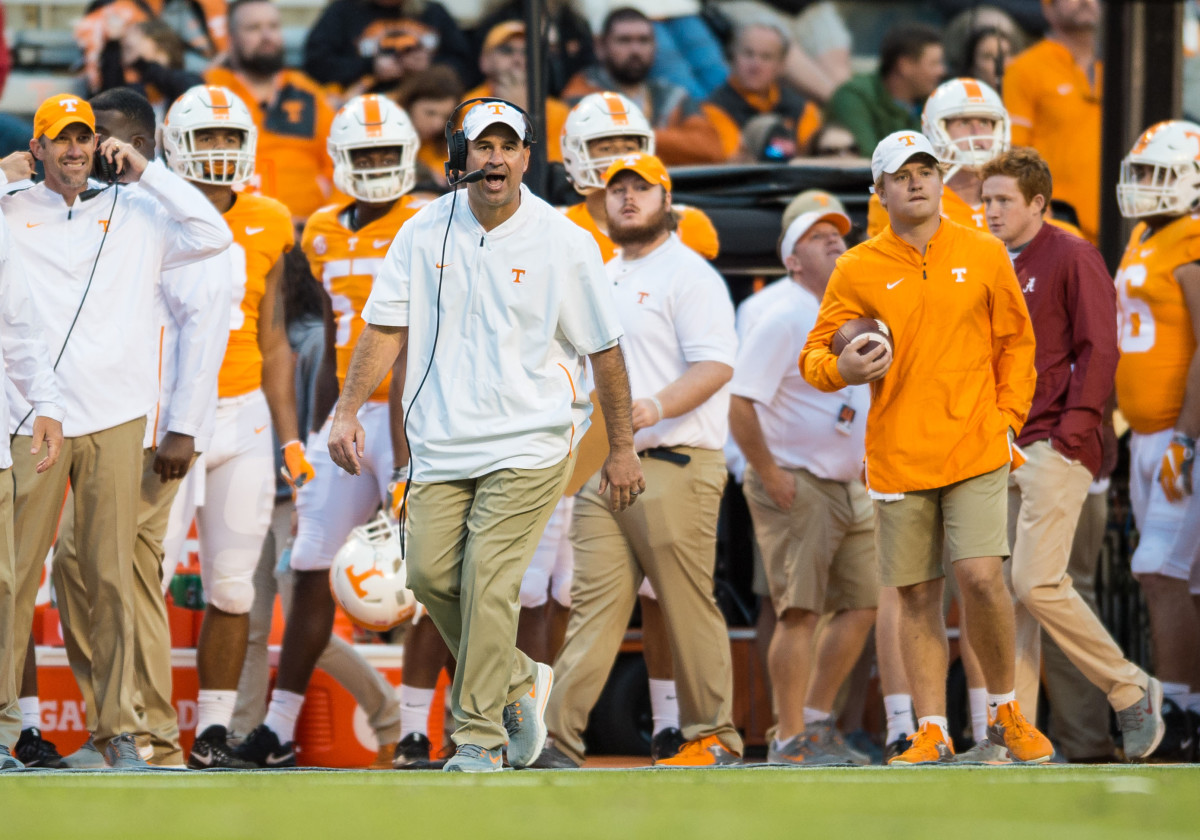 Oct 20, 2018; Knoxville, TN, USA; Tennessee Volunteers head coach Jeremy Pruitt coaching against the Alabama Crimson Tide at Neyland Stadium. Alabama defeated the Vols 58-21. Mandatory Credit: Bryan Lynn-USA TODAY Sports