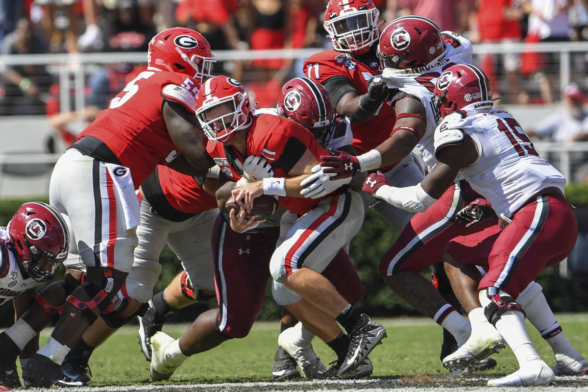 Jake Fromm sacked in Saturday's loss against South Carolina.
