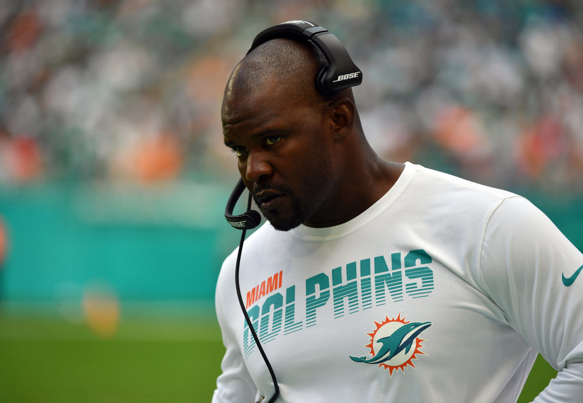 Sep 29, 2019; Miami Gardens, FL, USA; Miami Dolphins head coach Brian Flores looks on against the Los Angeles Chargers during the first half at Hard Rock Stadium. Mandatory Credit: Steve Mitchell-USA TODAY Sports
