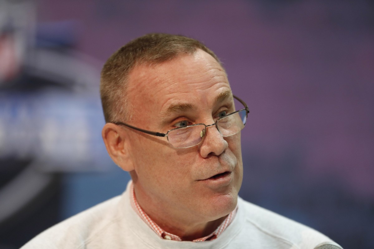 Feb 28, 2019; Indianapolis, IN, USA; Cleveland Browns general manager John Dorsey speaks to the media during the 2019 NFL Combine at the Indianapolis Convention Center. Mandatory Credit: Brian Spurlock-USA TODAY Sports