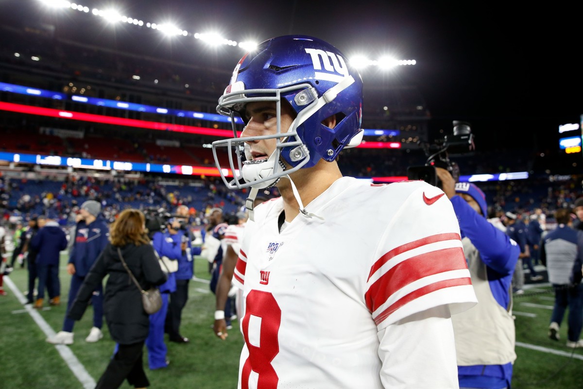 Oct 10, 2019; Foxborough, MA, USA; New York Giants quarterback Daniel Jones (8) walks off of the field after a loss to the New England Patriots. during the second half at Gillette Stadium.