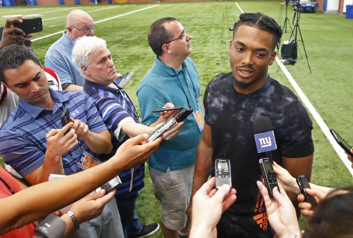 May 20, 2019; East Rutherford, NJ, USA; New York Giants corner back Sam Beal answers questions from media during organized team activities at Quest Diagnostic Training Center.