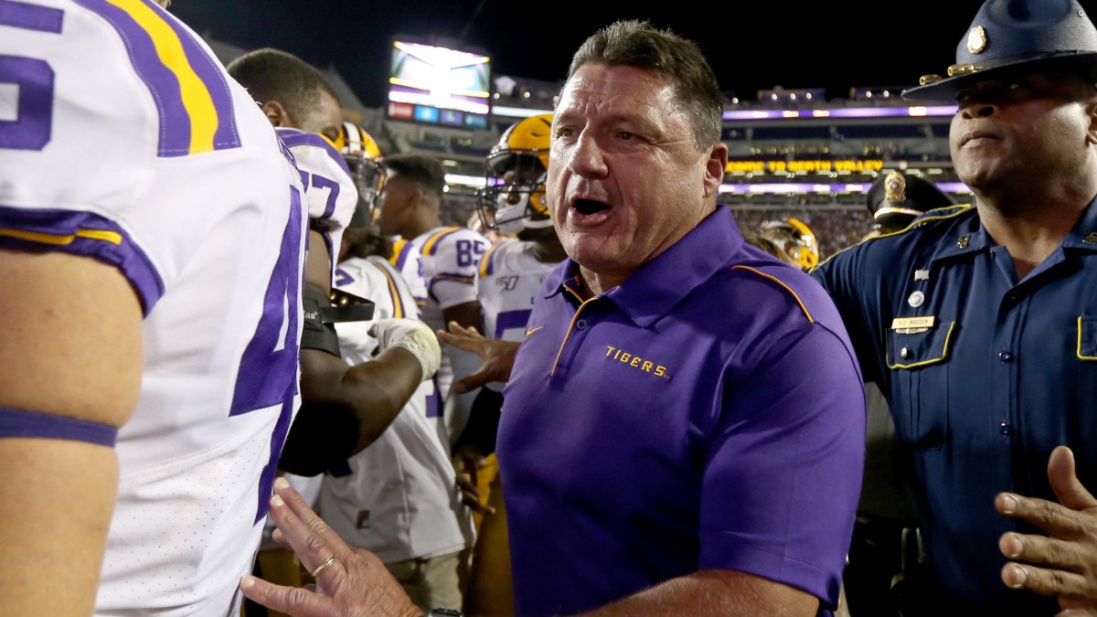 coach orgeron comes off the field after the lsu vs florida game