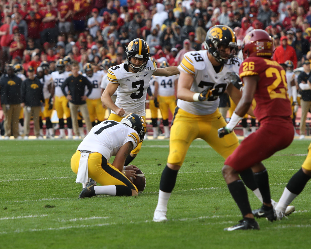 Iowa's Keith Duncan kicks one of his four field goals in the 18-17 win over Iowa State on Sept. 14.