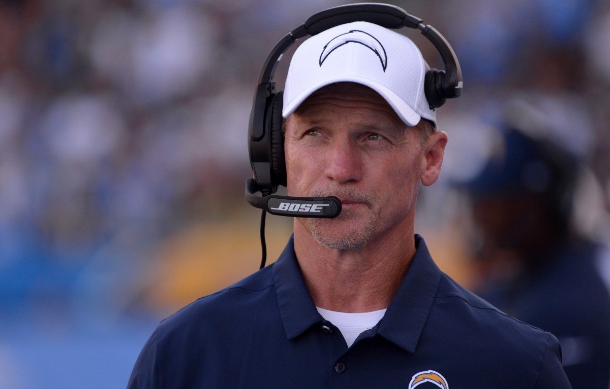 Los Angeles Chargers offensive coordinator Ken Whisenhunt looks on against the Houston Texans at Dignity Health Sports Park.