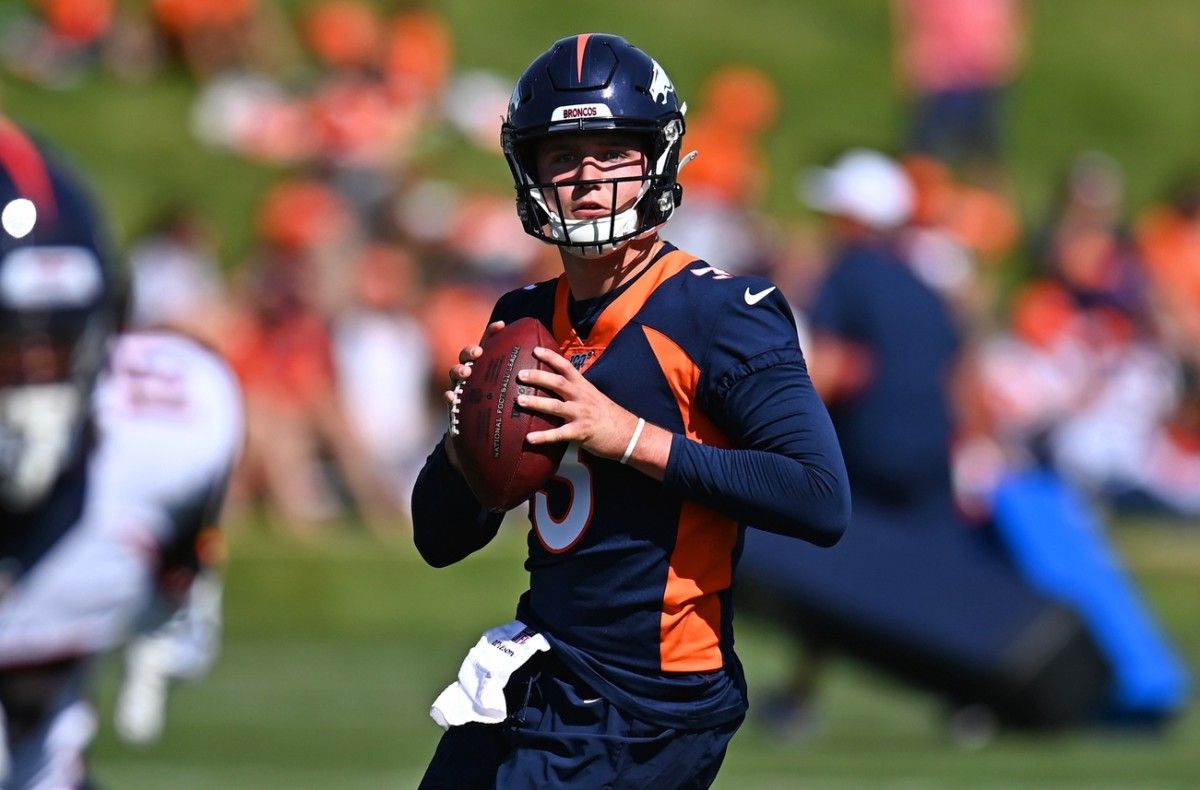 Denver Broncos quarterback Drew Lock (3) during drills at the UCHealth Training Center.