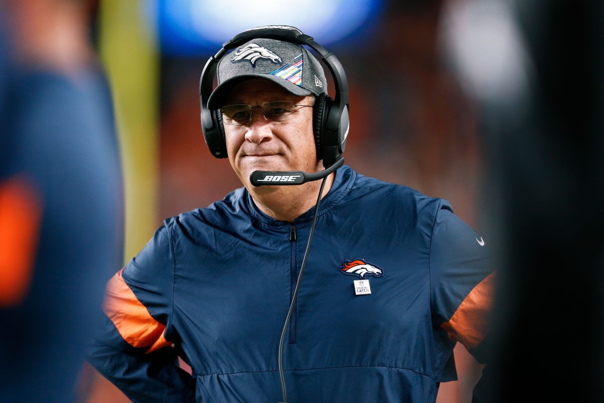Denver Broncos head coach Vic Fangio looks on in the third quarter against the Kansas City Chiefs at Empower Field at Mile High.