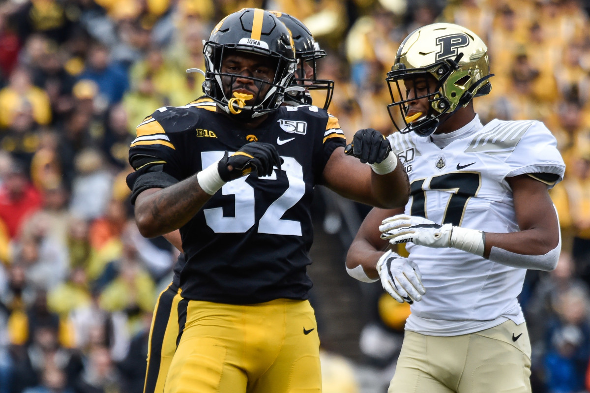 Iowa linebacker Djimon Colbert (32) reacts after tackling Purdue Boilermakers running back King Doerue in the second quarter of Saturday's game.