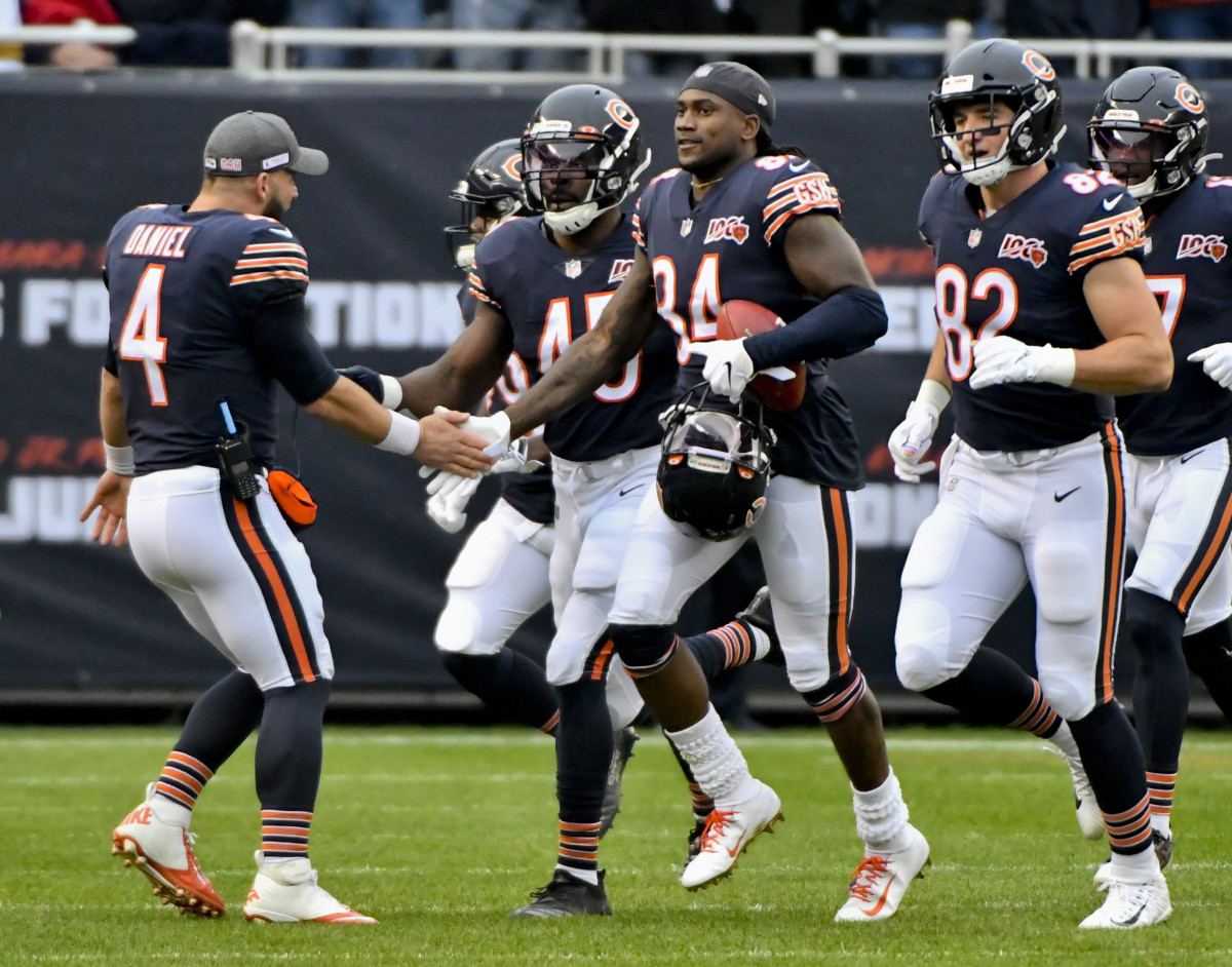 Oct 20, 2019; Chicago, IL, USA; Chicago Bears wide receiver Cordarrelle Patterson (84) celebrates after running back a kickoff for a touchdown against the New Orleans Saints during the first half at Soldier Field. Mandatory Credit: Matt Marton-USA TODAY Sports
