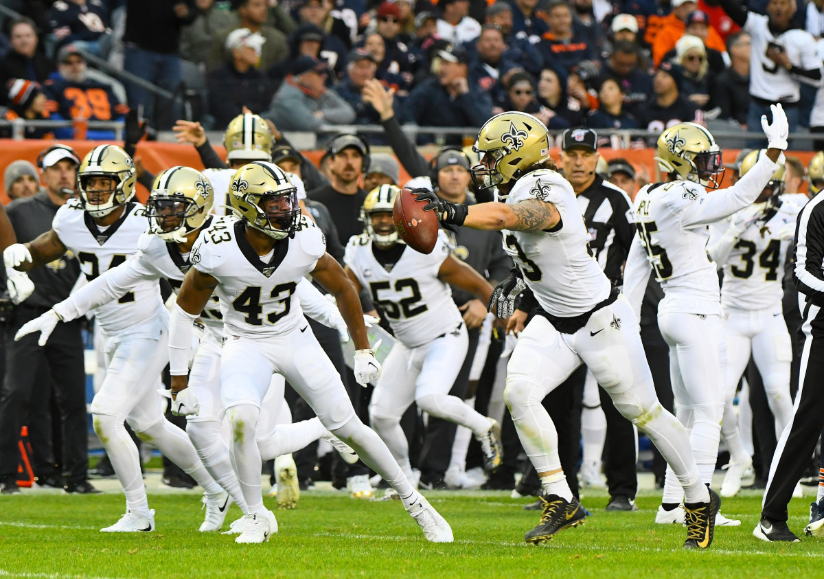Oct 20, 2019; Chicago, IL, USA; New Orleans Saints outside linebacker A.J. Klein (53) reacts after recovering a fumble against the Chicago Bears during the second half at Soldier Field. Mandatory Credit: Mike DiNovo-USA TODAY Sports